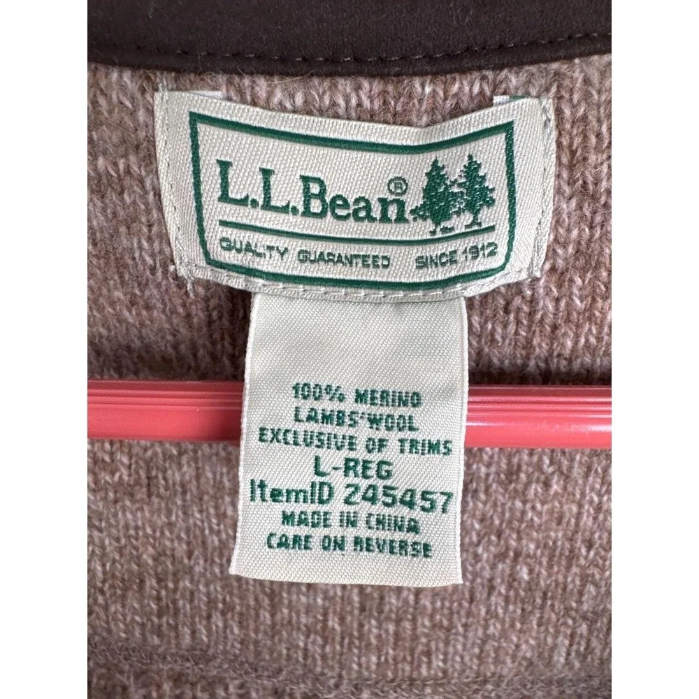 L.L.Bean Merino Lambswool Zip Front Sweater Vest L-Reg Brown Rib Knit Outdoor
